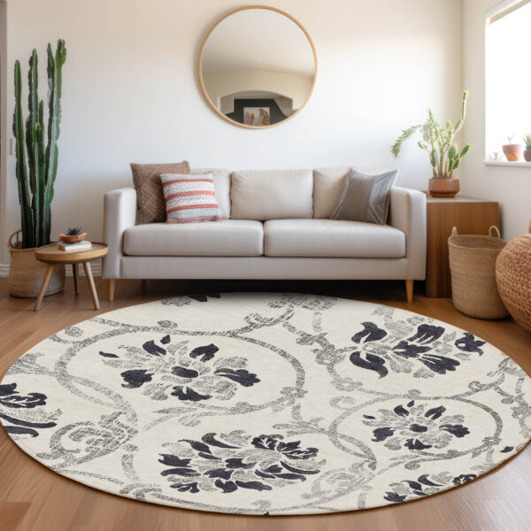 8' Black Silver And Charcoal Round Floral Washable Indoor Outdoor Area Rug