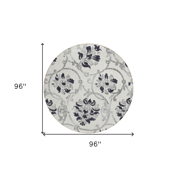 8' Black Silver And Charcoal Round Floral Washable Indoor Outdoor Area Rug