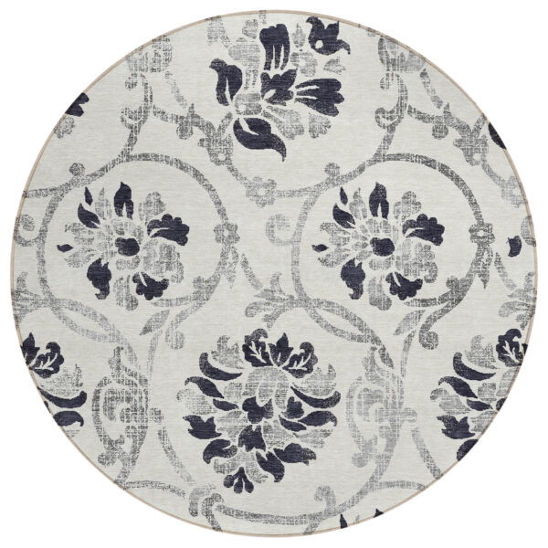 8' Black Silver And Charcoal Round Floral Washable Indoor Outdoor Area Rug