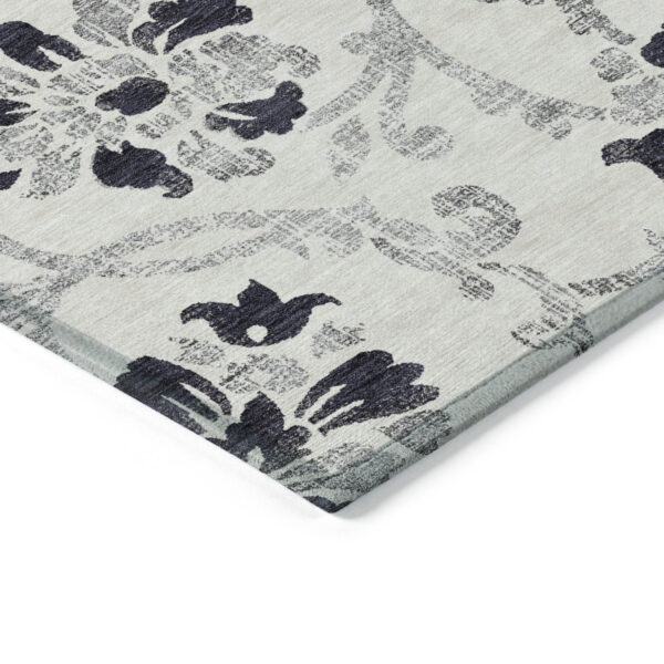 8' Black Silver And Charcoal Round Floral Washable Indoor Outdoor Area Rug