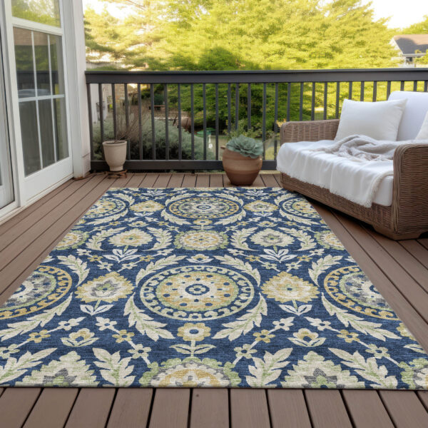 10' X 14' Navy Blue Gold And Beige Floral Washable Indoor Outdoor Area Rug