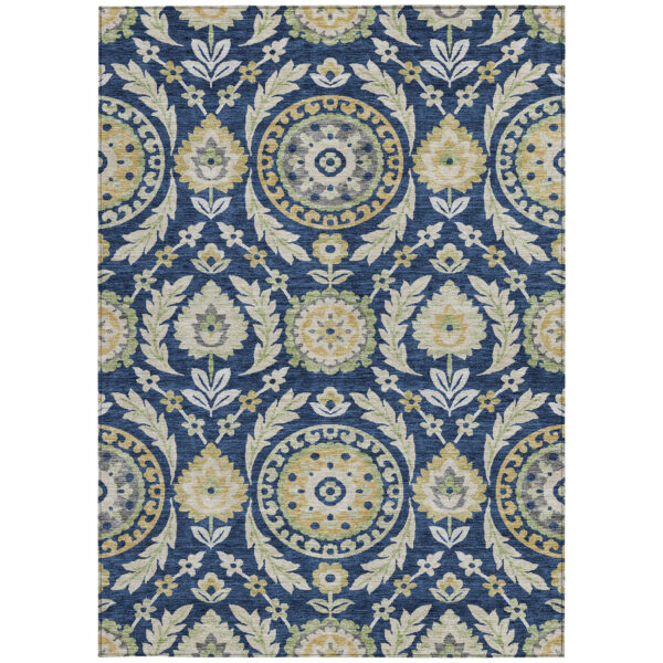 10' X 14' Navy Blue Gold And Beige Floral Washable Indoor Outdoor Area Rug