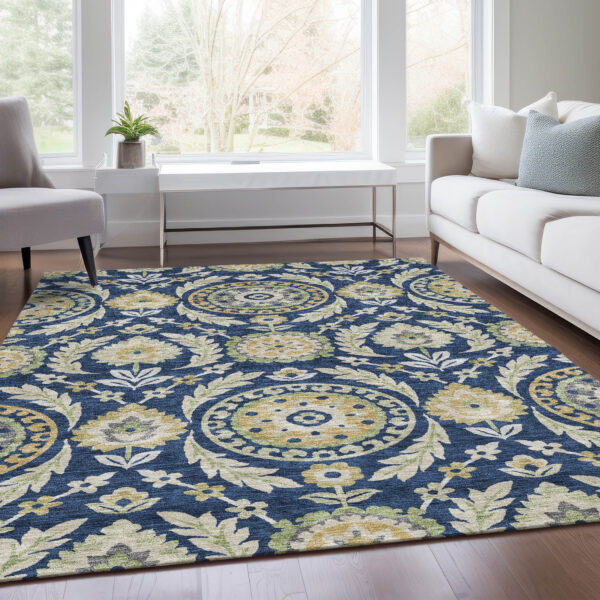 10' X 14' Navy Blue Gold And Beige Floral Washable Indoor Outdoor Area Rug