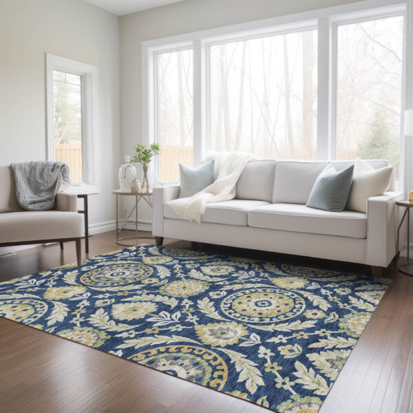 10' X 14' Navy Blue Gold And Beige Floral Washable Indoor Outdoor Area Rug