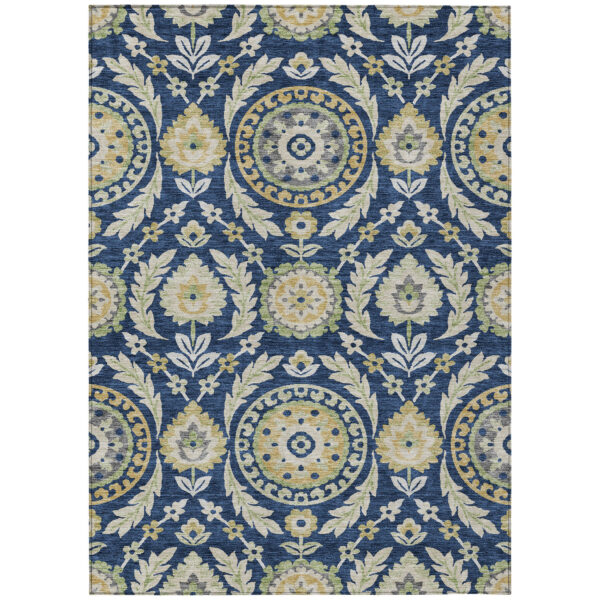 10' X 14' Navy Blue Gold And Beige Floral Washable Indoor Outdoor Area Rug