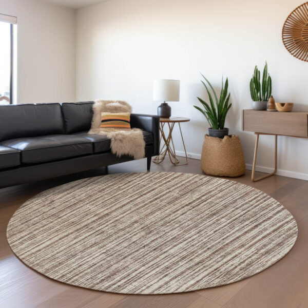 8' Brown And Ivory Round Striped Washable Indoor Outdoor Area Rug