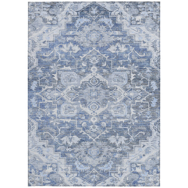 10' X 14' Denim Blue And Sky Blue Oriental Washable Indoor Outdoor Area Rug