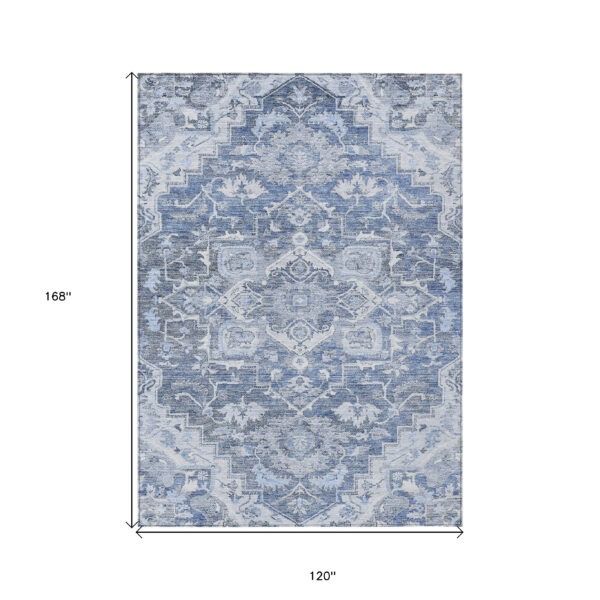 10' X 14' Denim Blue And Sky Blue Oriental Washable Indoor Outdoor Area Rug