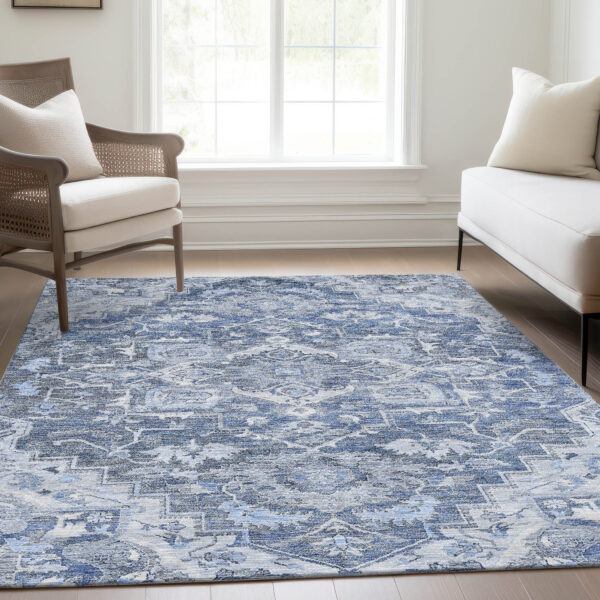 10' X 14' Denim Blue And Sky Blue Oriental Washable Indoor Outdoor Area Rug