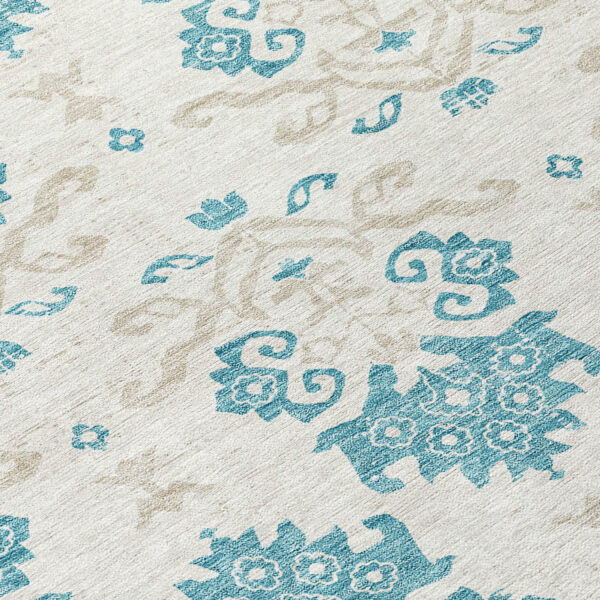 5' X 8' Teal Blue Silver And Gray Oriental Washable Indoor Outdoor Area Rug