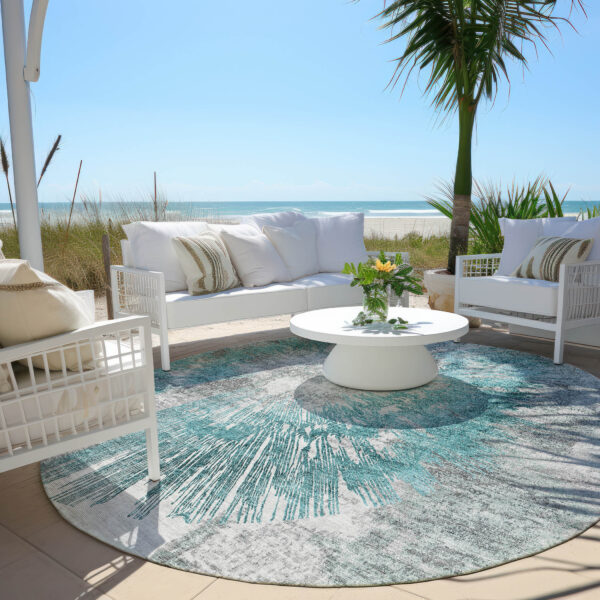 8' Teal Blue Aqua And Gray Round Abstract Washable Indoor Outdoor Area Rug