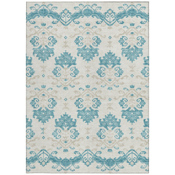 5' X 8' Teal Blue Silver And Gray Oriental Washable Indoor Outdoor Area Rug