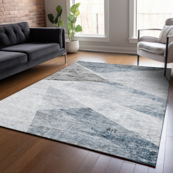 9' X 12' Sky Blue Gray And Charcoal Abstract Washable Indoor Outdoor Area Rug