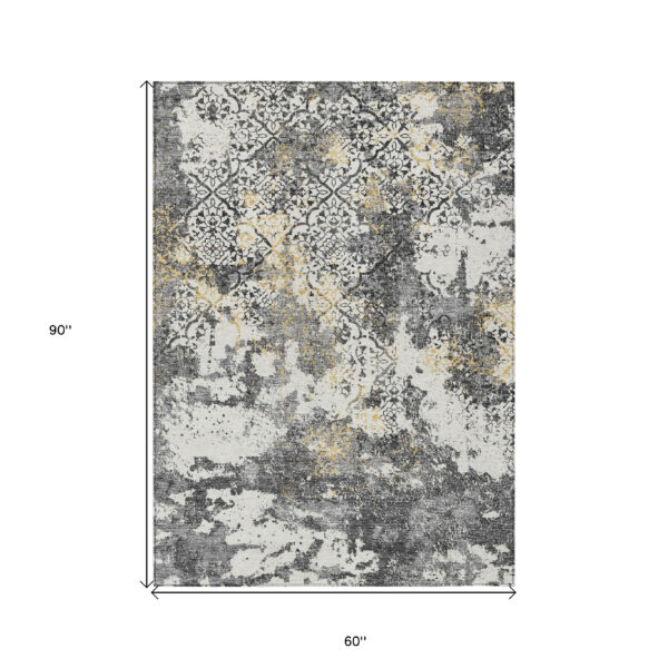 5' X 8' Charcoal Gray And Silver Floral Washable Indoor Outdoor Area Rug