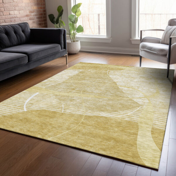 3' X 5' Wheat Gold And Ivory Abstract Washable Indoor Outdoor Area Rug