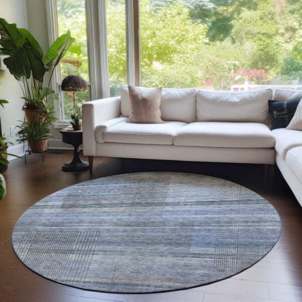 8' Denim Blue And Sky Blue Round Striped Washable Indoor Outdoor Area Rug