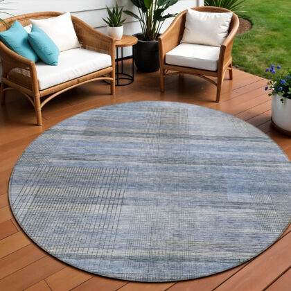 8' Denim Blue And Sky Blue Round Striped Washable Indoor Outdoor Area Rug