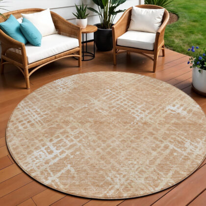 8' Coral Ivory And Peach Round Geometric Washable Indoor Outdoor Area Rug