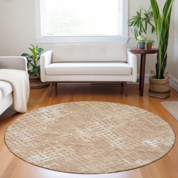 8' Coral Ivory And Peach Round Geometric Washable Indoor Outdoor Area Rug