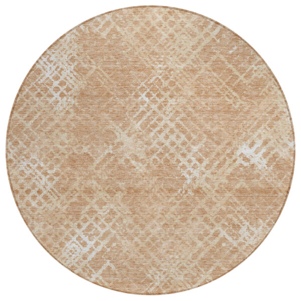 8' Coral Ivory And Peach Round Geometric Washable Indoor Outdoor Area Rug