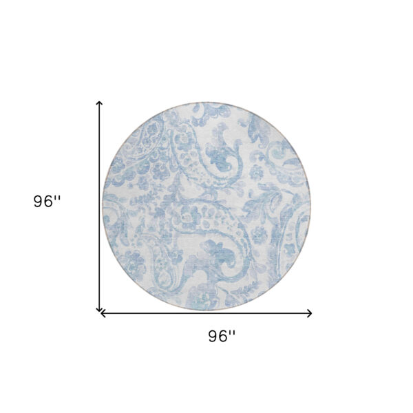 8' Sky Blue Denim Blue And Ivory Round Paisley Washable Indoor Outdoor Area Rug