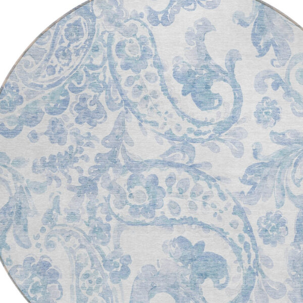 8' Sky Blue Denim Blue And Ivory Round Paisley Washable Indoor Outdoor Area Rug