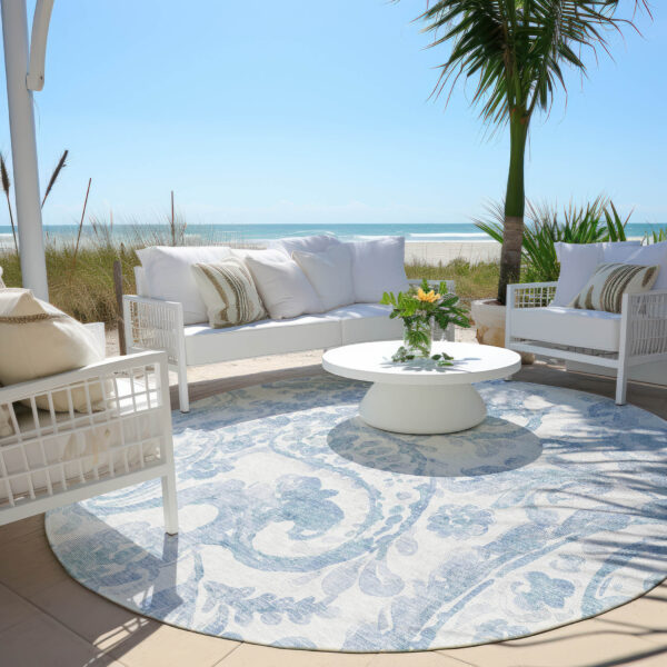 8' Sky Blue Denim Blue And Ivory Round Paisley Washable Indoor Outdoor Area Rug
