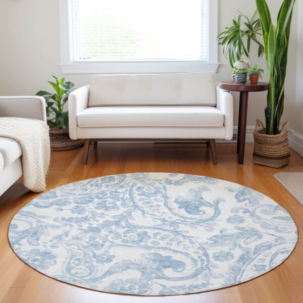 8' Sky Blue Denim Blue And Ivory Round Paisley Washable Indoor Outdoor Area Rug