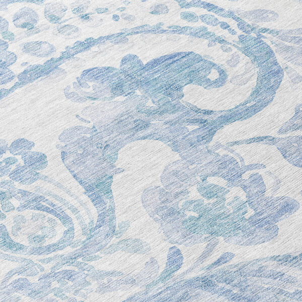 8' Sky Blue Denim Blue And Ivory Round Paisley Washable Indoor Outdoor Area Rug