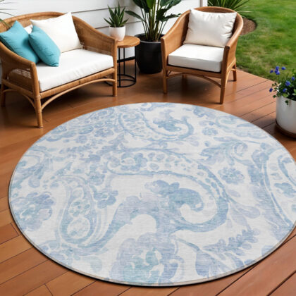 8' Sky Blue Denim Blue And Ivory Round Paisley Washable Indoor Outdoor Area Rug