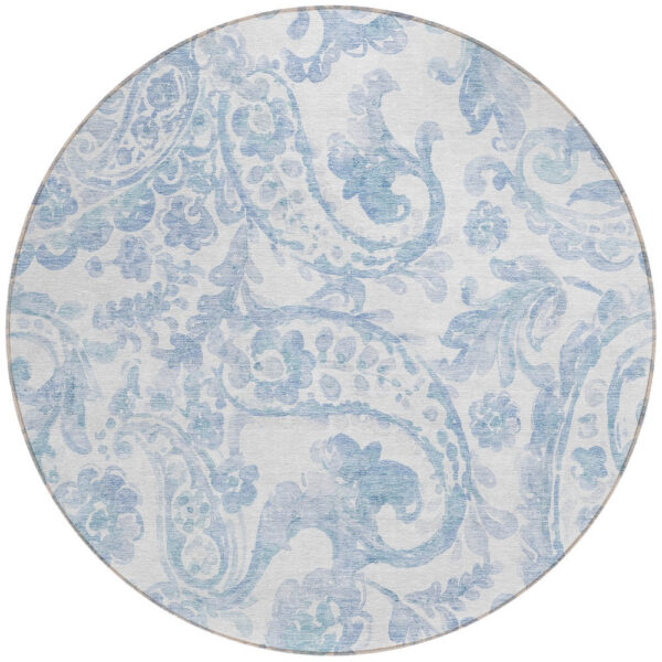 8' Sky Blue Denim Blue And Ivory Round Paisley Washable Indoor Outdoor Area Rug