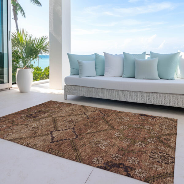 8' X 10' Orange Copper And Brown Floral Washable Indoor Outdoor Area Rug