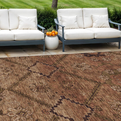 8' X 10' Orange Copper And Brown Floral Washable Indoor Outdoor Area Rug