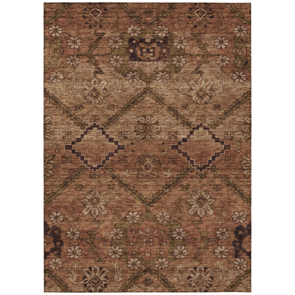8' X 10' Orange Copper And Brown Floral Washable Indoor Outdoor Area Rug