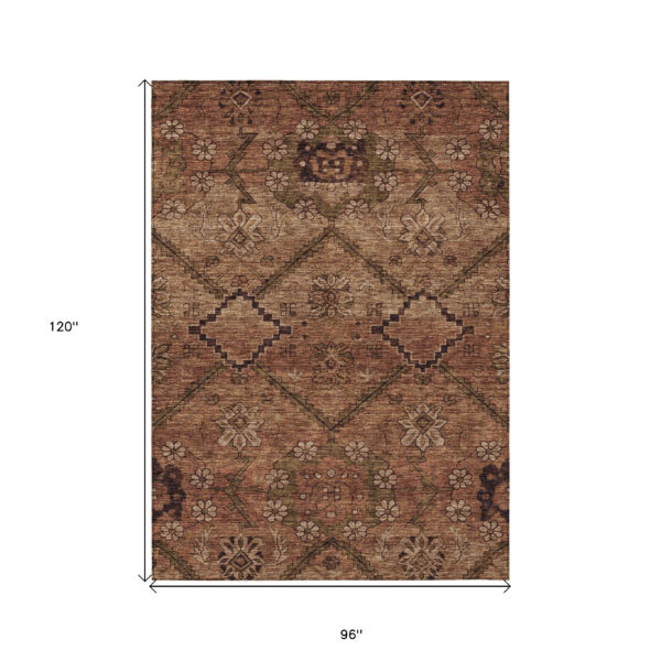 8' X 10' Orange Copper And Brown Floral Washable Indoor Outdoor Area Rug