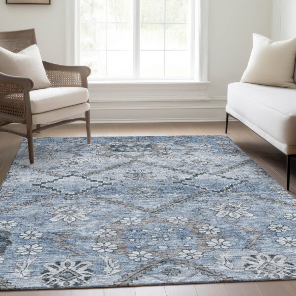 5' X 8' Sky Blue And Denim Blue Floral Washable Indoor Outdoor Area Rug