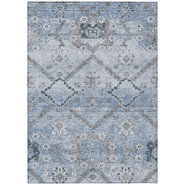 5' X 8' Sky Blue And Denim Blue Floral Washable Indoor Outdoor Area Rug