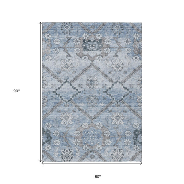 5' X 8' Sky Blue And Denim Blue Floral Washable Indoor Outdoor Area Rug