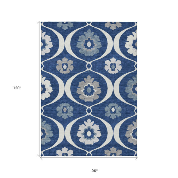 8' X 10' Navy Blue And Ivory Medallion Washable Indoor Outdoor Area Rug