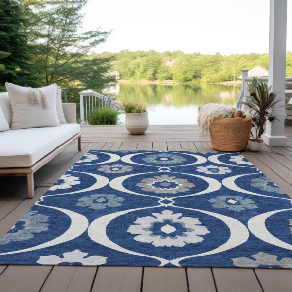 8' X 10' Navy Blue And Ivory Medallion Washable Indoor Outdoor Area Rug