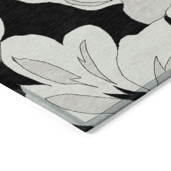 3' X 5' Black Gray And Silver Floral Washable Indoor Outdoor Area Rug