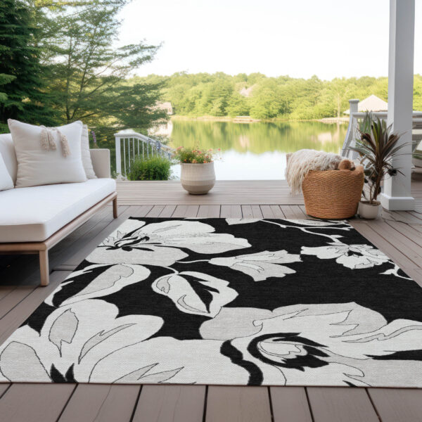 3' X 5' Black Gray And Silver Floral Washable Indoor Outdoor Area Rug