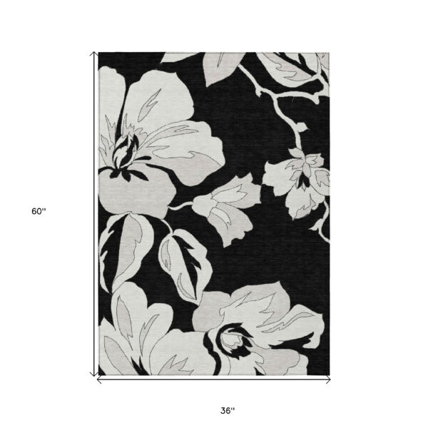 3' X 5' Black Gray And Silver Floral Washable Indoor Outdoor Area Rug