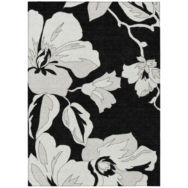 3' X 5' Black Gray And Silver Floral Washable Indoor Outdoor Area Rug