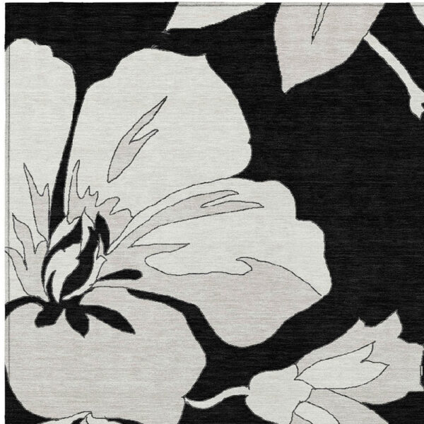 3' X 5' Black Gray And Silver Floral Washable Indoor Outdoor Area Rug