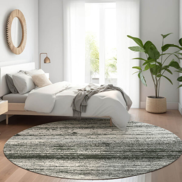 8' Black Ivory And Gray Round Striped Washable Indoor Outdoor Area Rug