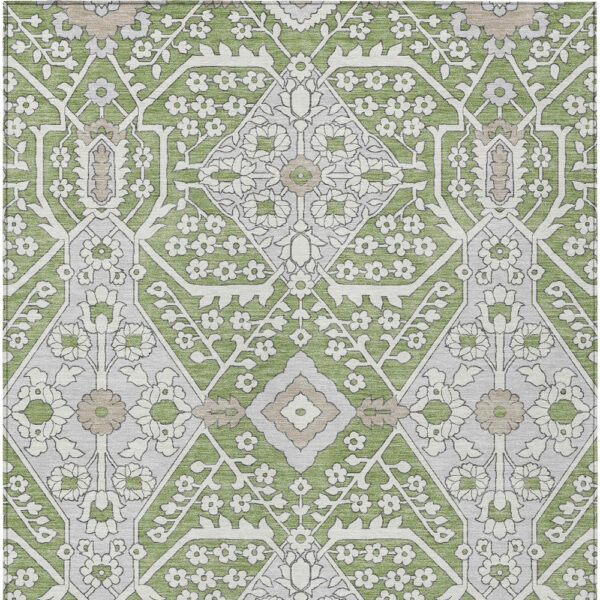 3' X 5' Artichoke Green Ivory And Gray Floral Washable Indoor Outdoor Area Rug