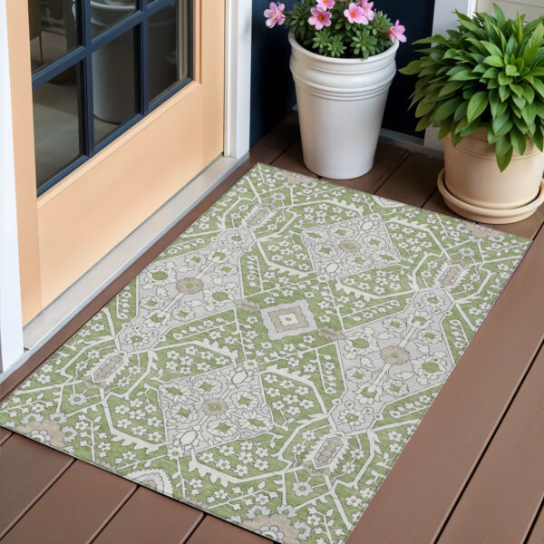 3' X 5' Artichoke Green Ivory And Gray Floral Washable Indoor Outdoor Area Rug