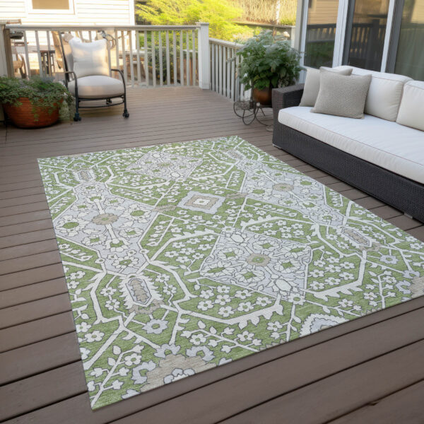 3' X 5' Artichoke Green Ivory And Gray Floral Washable Indoor Outdoor Area Rug