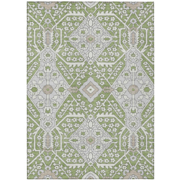 3' X 5' Artichoke Green Ivory And Gray Floral Washable Indoor Outdoor Area Rug